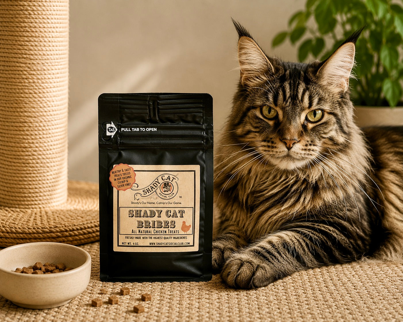 Cat sitting next to a bag of 'Shady Cat Bribes' treats on a textured surface.
