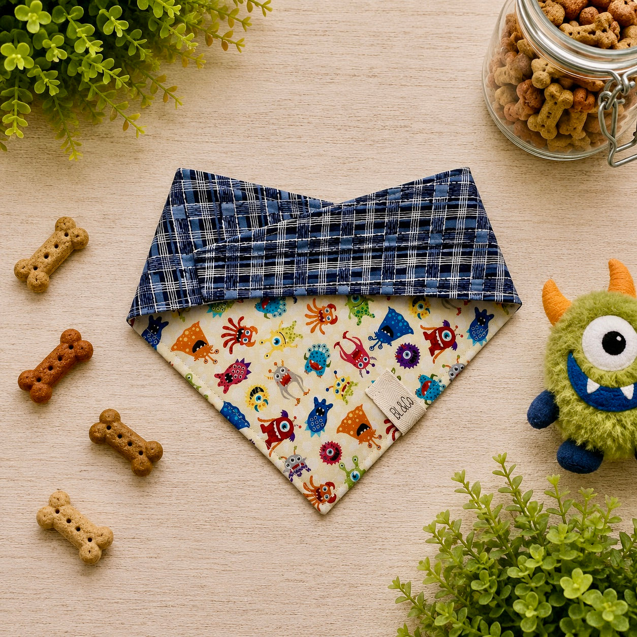 Friendly Monsters reversible dog bandana with colorful monster print and navy plaid reverse side.