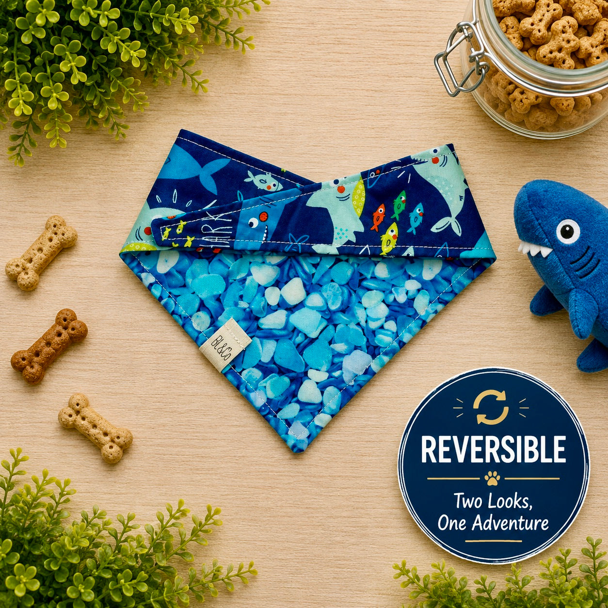 Blue shark Seaside Scout Reversible Dog Bandana 