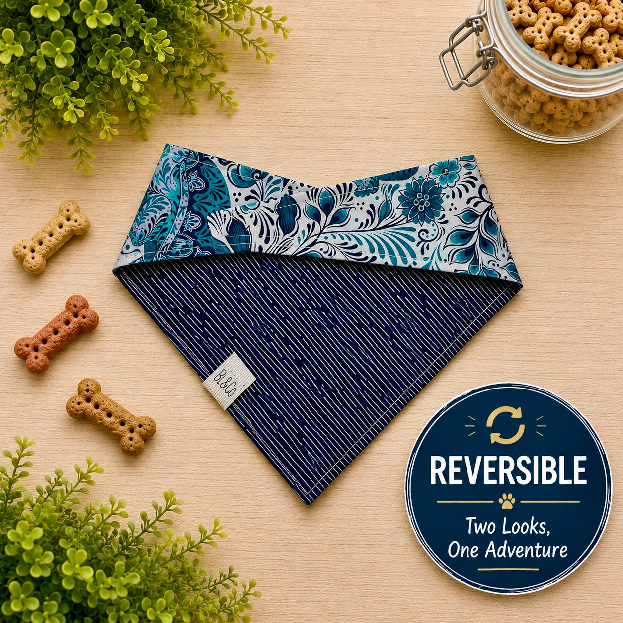 Coastal Wanderer Reversible Dog Bandana | Two Looks, One Adventure with floral print and sea turtles
