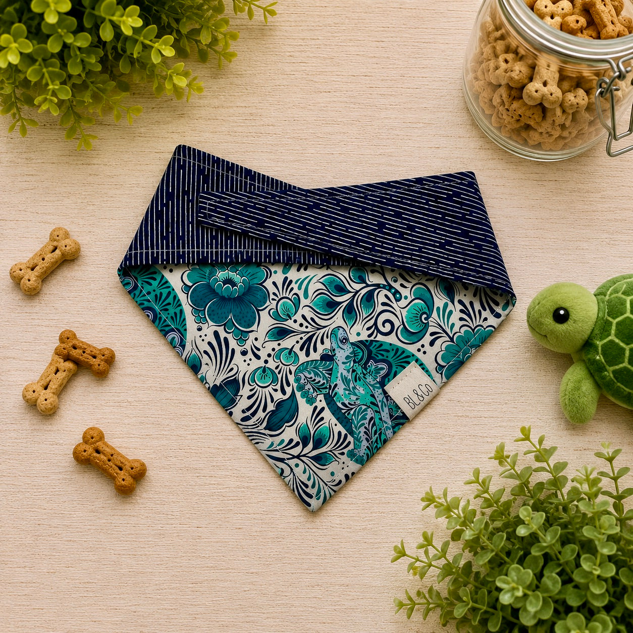 Coastal Wanderer Reversible Dog Bandana | Two Looks, One Adventure with sea turtles and flowers