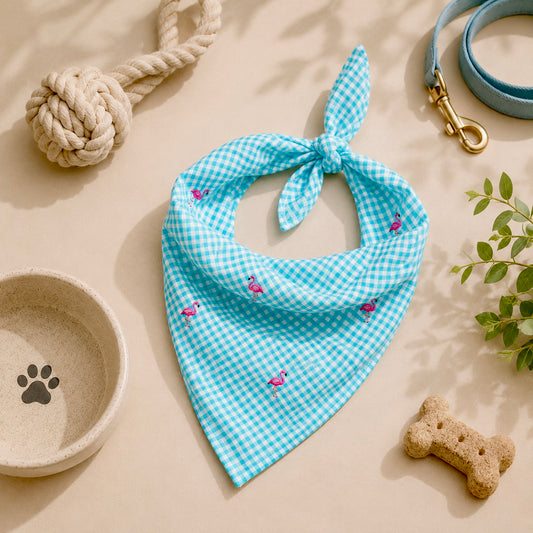 Cabana Cutie Bandana | Aqua Plaid & Pink Flamingo Print