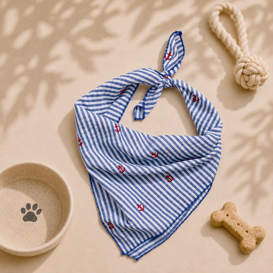 Coastal Captain Bandana | Maritime Stripe & Red Anchor Print