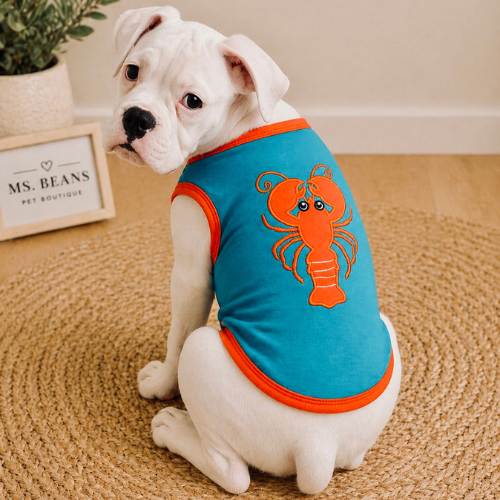 Blue Crab dog tank top featuring a red lobster graphic.
