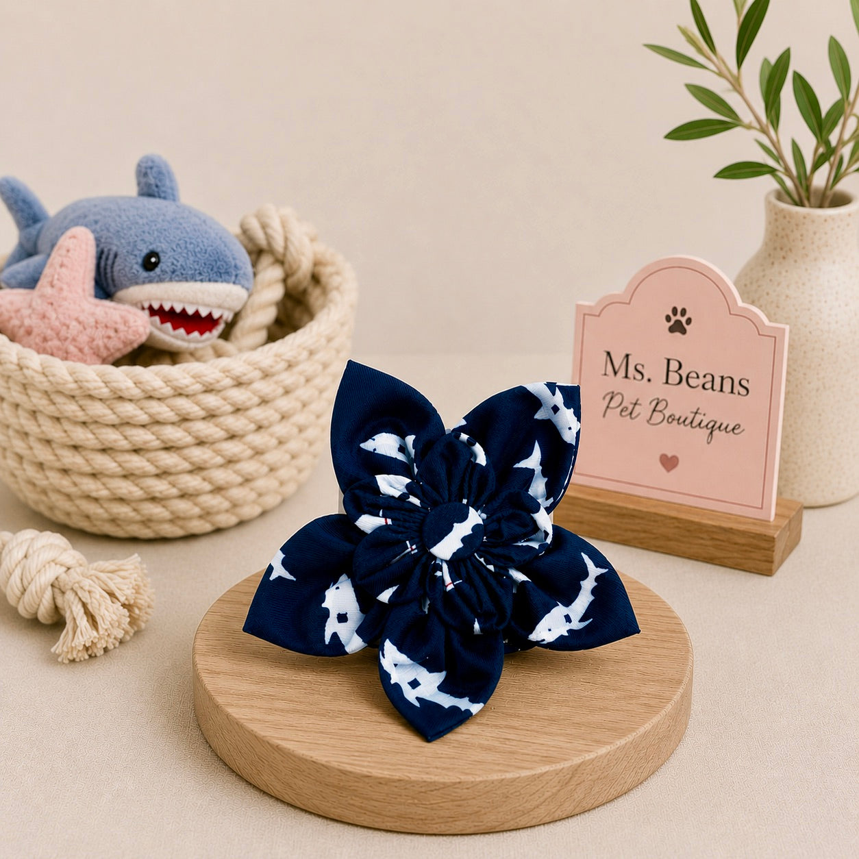Coastal inspired Navy blue pet bow tie with sharks on it