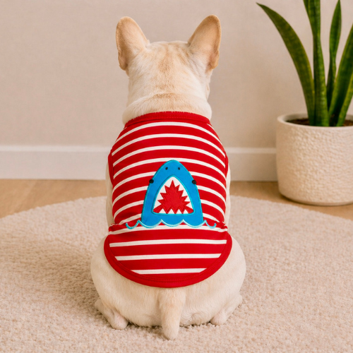 Red and white striped shirt with a shark design embroidered on it 