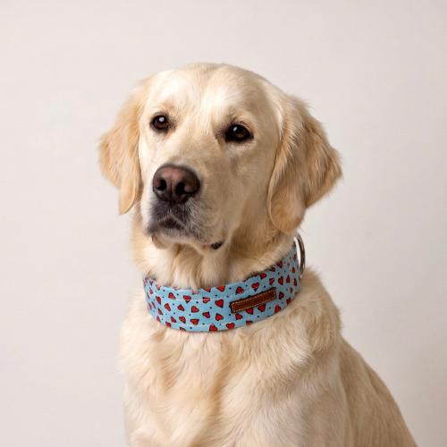 Dog wearing a blue collar with red heart pattern on a plain background