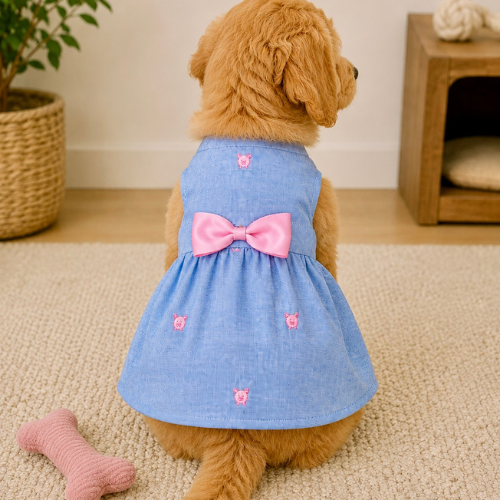 Little Darling Dress | Blue Piglet Print & Bow Detail