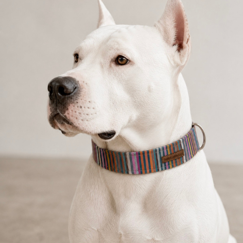 White dog wearing a striped collar on a plain background
