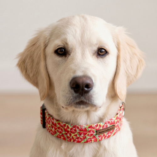 Watermelon-pattern dog collar featuring bright pink and green summer-inspired design.
